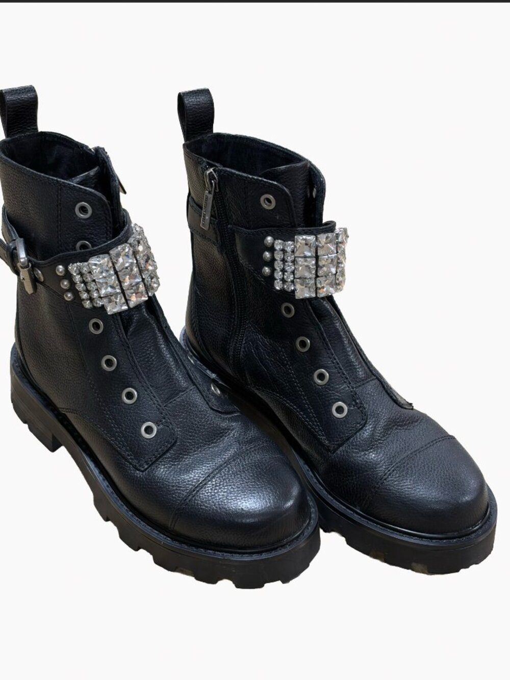 Karl Lagerfeld Paris Maeva Black Leather Rhinestone Crystal Combat Boots Size 7